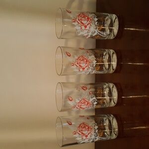 Vintage Mid Century Red White & Gold Glass Tumblers Set Of 4